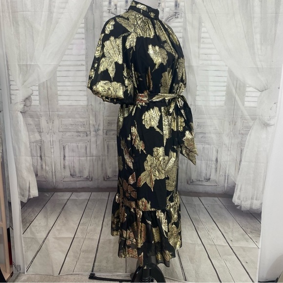 Alex Marie Black Gold Mock Neck Puff Sleeve Midi Dress Belted Pockets Cocktail - Picture 12 of 16